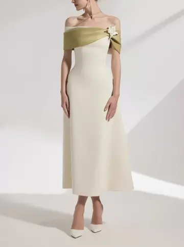 Minimalist Light Ivory A-Line Bateau Long Women Dress with Color Blocking Professional Dress Evening Dress RS077