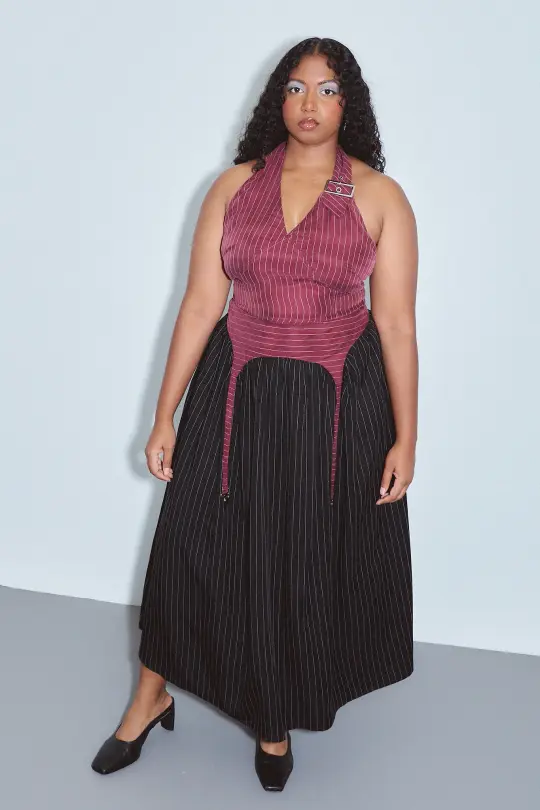 Garter Skirt Tencel Stripe Maroon/Black