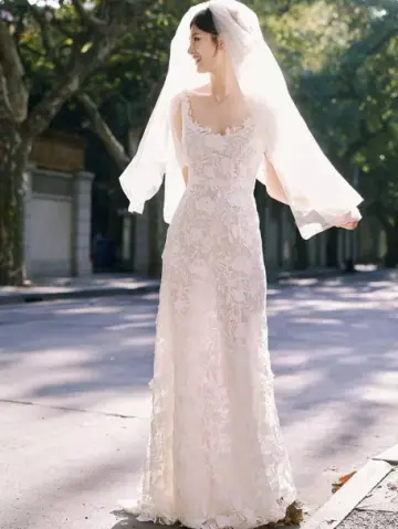 Fresh White Mermaid Square Wedding Dress with Lace Embroidery RS142