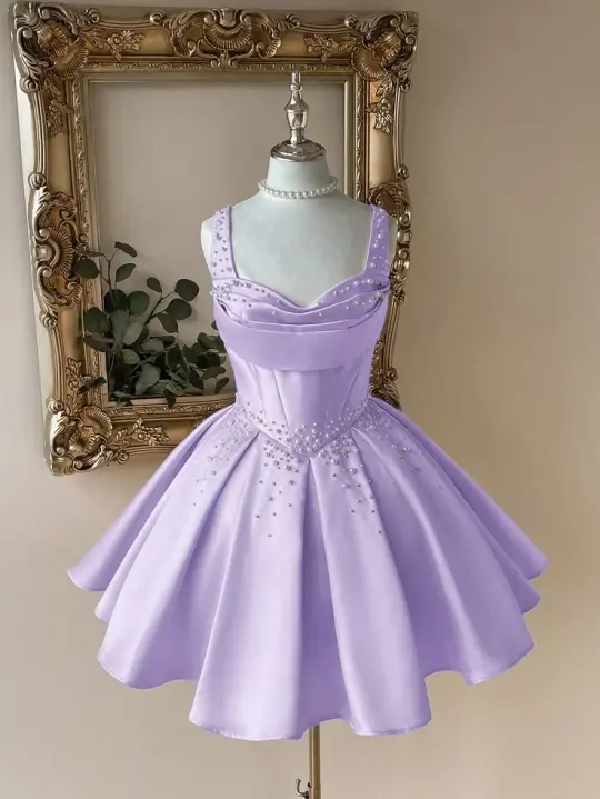 French Chic Lavender A-Line Spaghetti Straps Satin Corset Mini Dress Homecoming Dress RS201