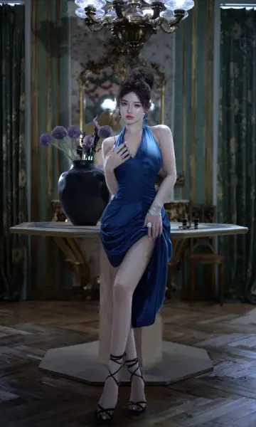 Blue halter-neck fitted waist slim-fitting slit sexy ball gown R7073