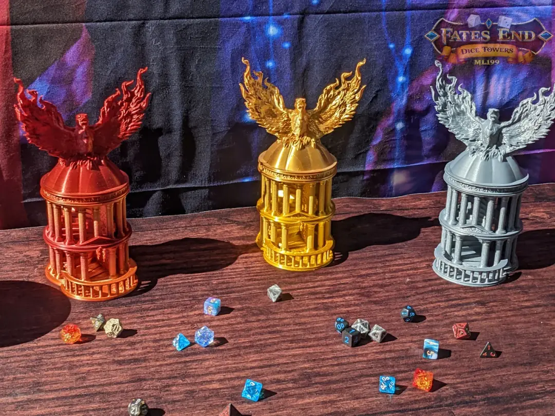 Phoenix 3D Printed Dice Tower - Fate's End Collection - Ignite Your Rolls with Flames of Rebirth and Soaring Resilience.