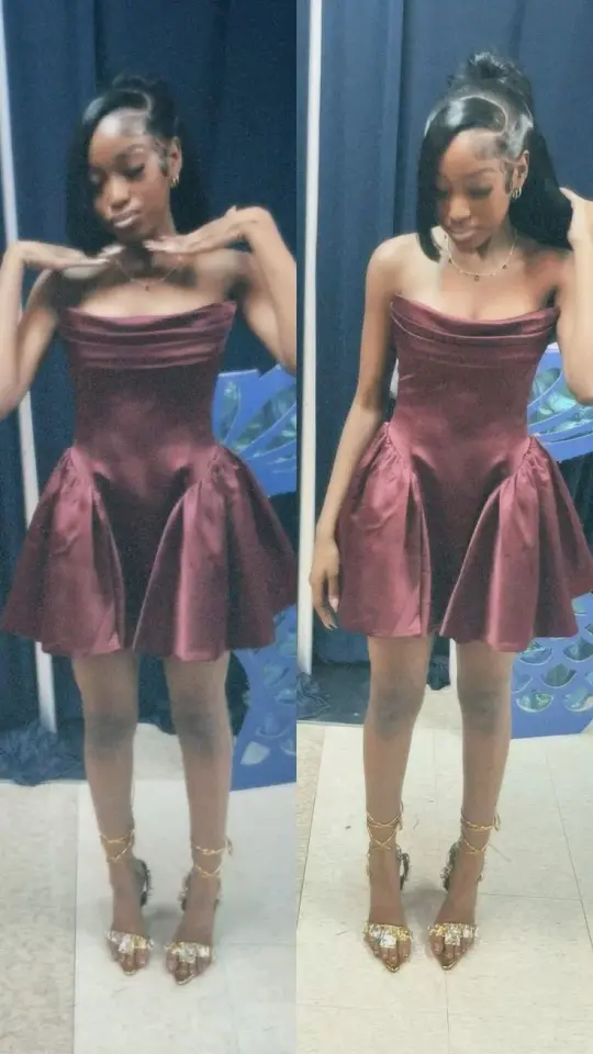 Minimalist Dark Red A-Line Strapless Satin Bodycon Mini Dress Homecoming Dress RS239