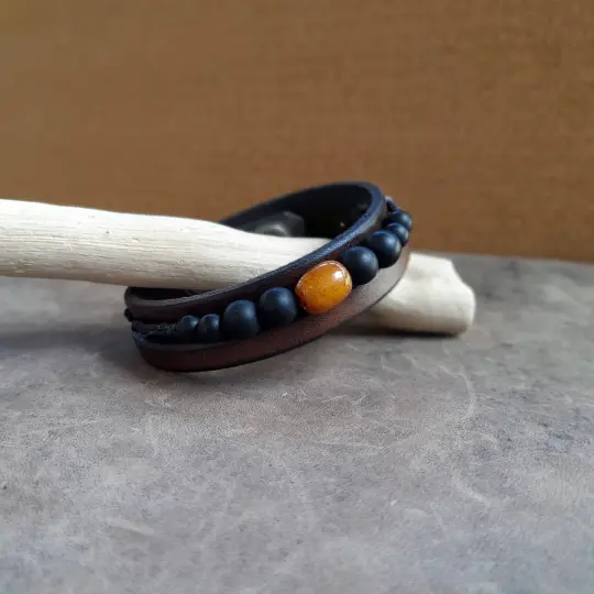 Amber & Onyx Men's Leather Bracelet | OOAK Grounding Charm