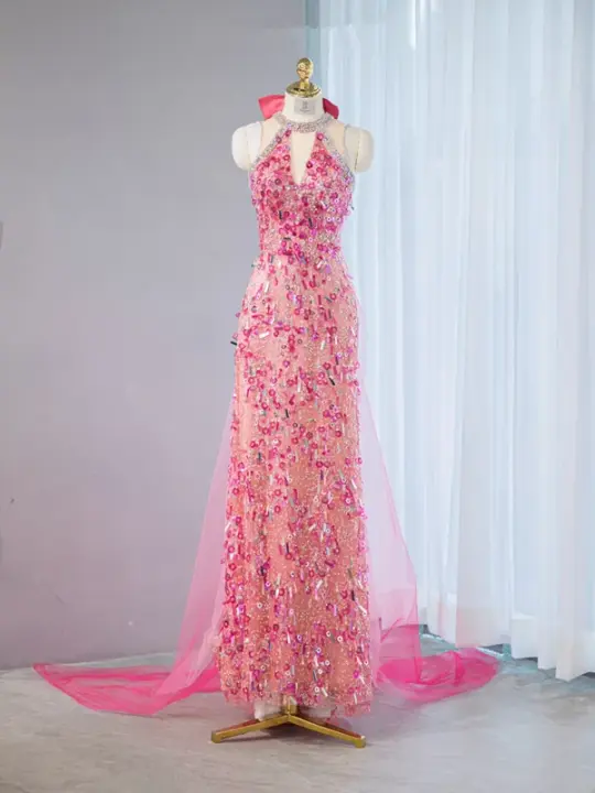 Pink halter-neck, fitted waist, sexy long ball gown, bridal dress R9037