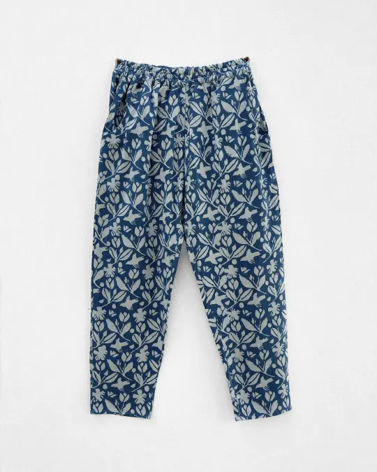 Deck Cotton Pants in Sky-is-Garden Indigo Blockprint