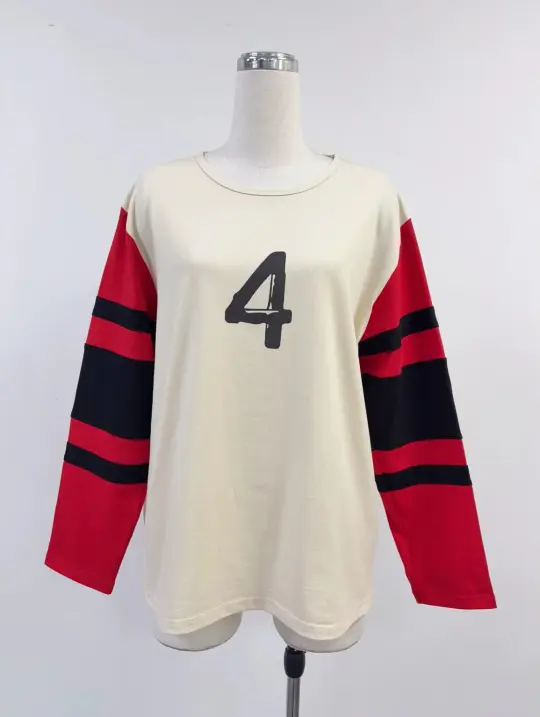 SAMPLE #437 - M Unisex Oversized Jersey Long Sleeve Tee - Cream / Red
