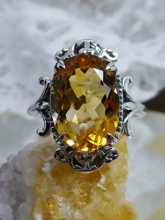 Natural Yellow Citrine Ring, Sterling Silver Filigree, Gothic Jewelry, #D84
