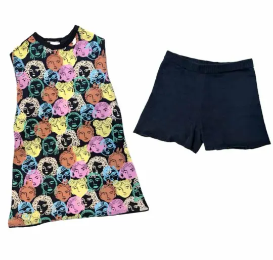Brenda Knit Two-Piece Set- Navy Blue Floral | Retro Knit 60's midi dress with shorts