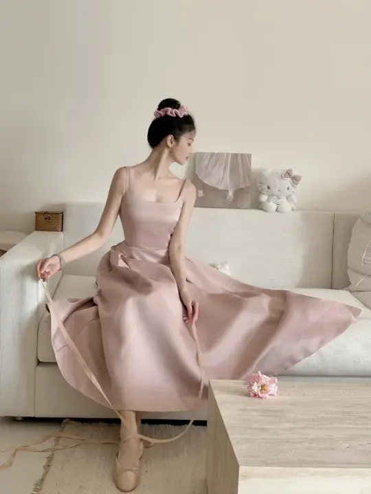 Champagne pink spaghetti strap, waist-cinched, slim-fit A-line long elegant prom dress R7966