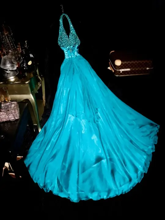Lake blue halter neck fitted waist sexy long ball gown R7013