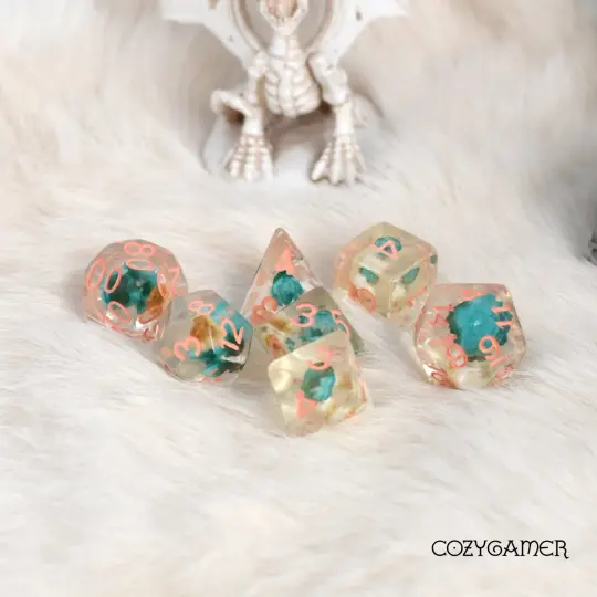 Blue and White Dried Flowers Dice Set with Salmon Font
