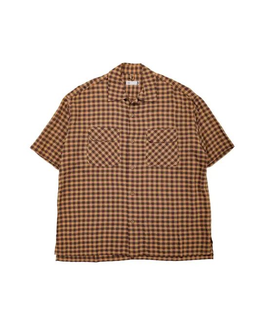 ts(s) Round Flap Pocket Short Sleeve Shirt Gingham Plaid Viscose/Nylon Crinkle Cloth Brown