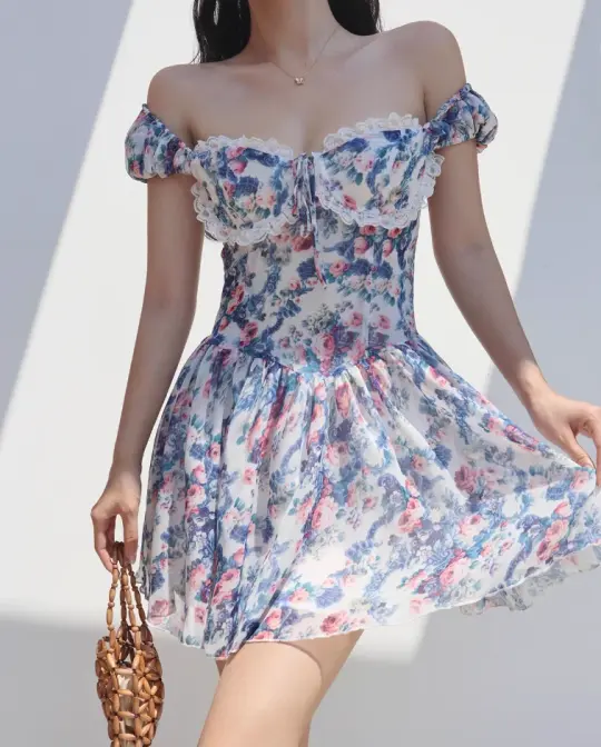 Retro countryside blue floral print dress lace one shoulder vacation skirt R2869