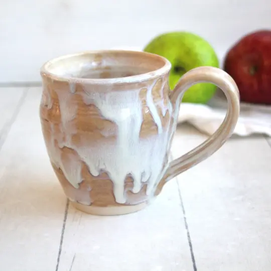 12 Ounce Rustic White and Ocher Stoneware Mug with Dripping Glazes, Coffee Cup, Made in USA