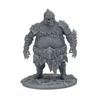 Unpainted 32mm 3D-printed undead ogre with spiked pauldrons and hanging bone trophies — tabletop RPG miniature for D&D, Pathfinder & wargaming