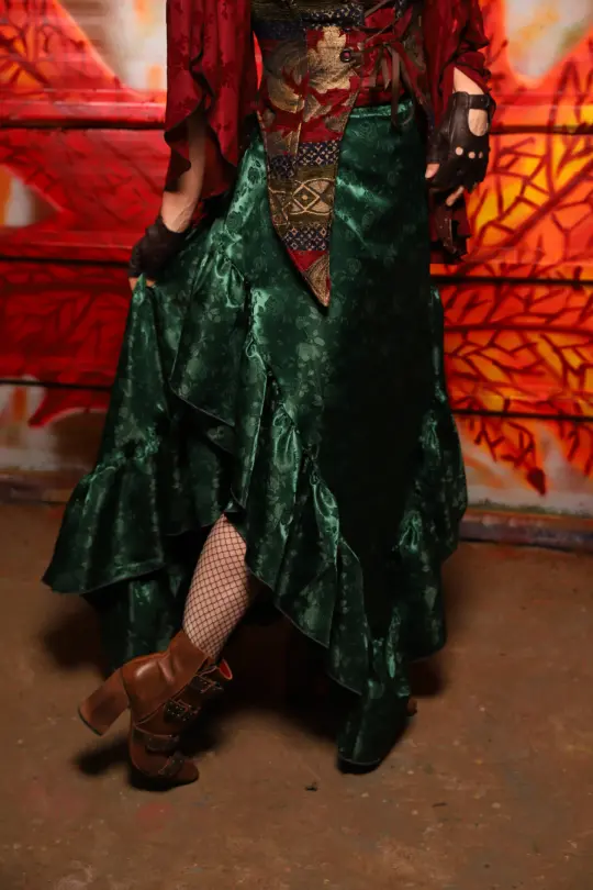 Arrow Skirt w/ruffle in Emerald Rose Satin - The Sensual Solstice Collection