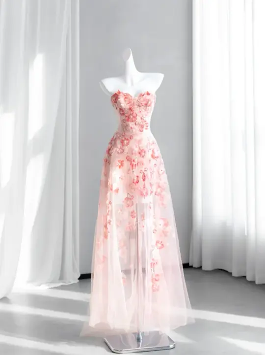 Light pink strapless fitted waist floral long ball gown, bridal dress R8427