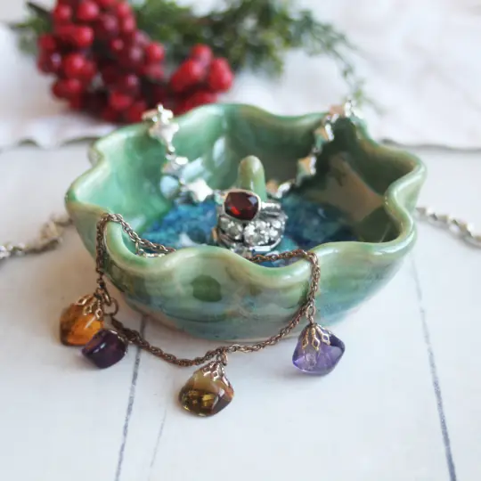 Ceramic Ring Holder in Shimmering Green Glaze, Handcrafted Pottery, Made in USA