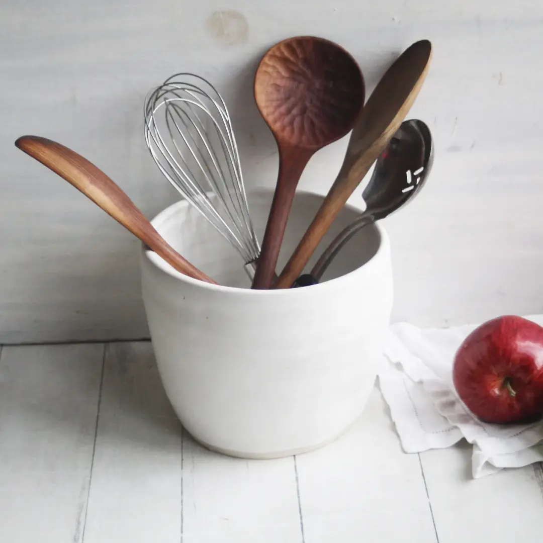 Large Utensil Holder in Rustic Modern Matte White Glaze, Ceramic Kitchen Crock, Made in USA