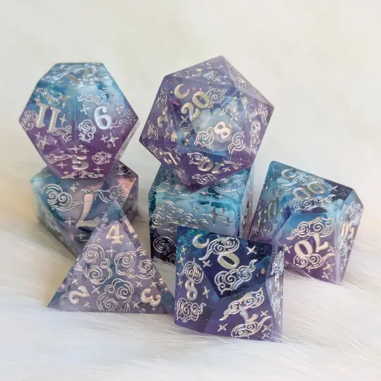 Dreamy Amethyst Sky Dice Set – Sharp Edge Purple Blue Glitter Resin | Fennek & Finch