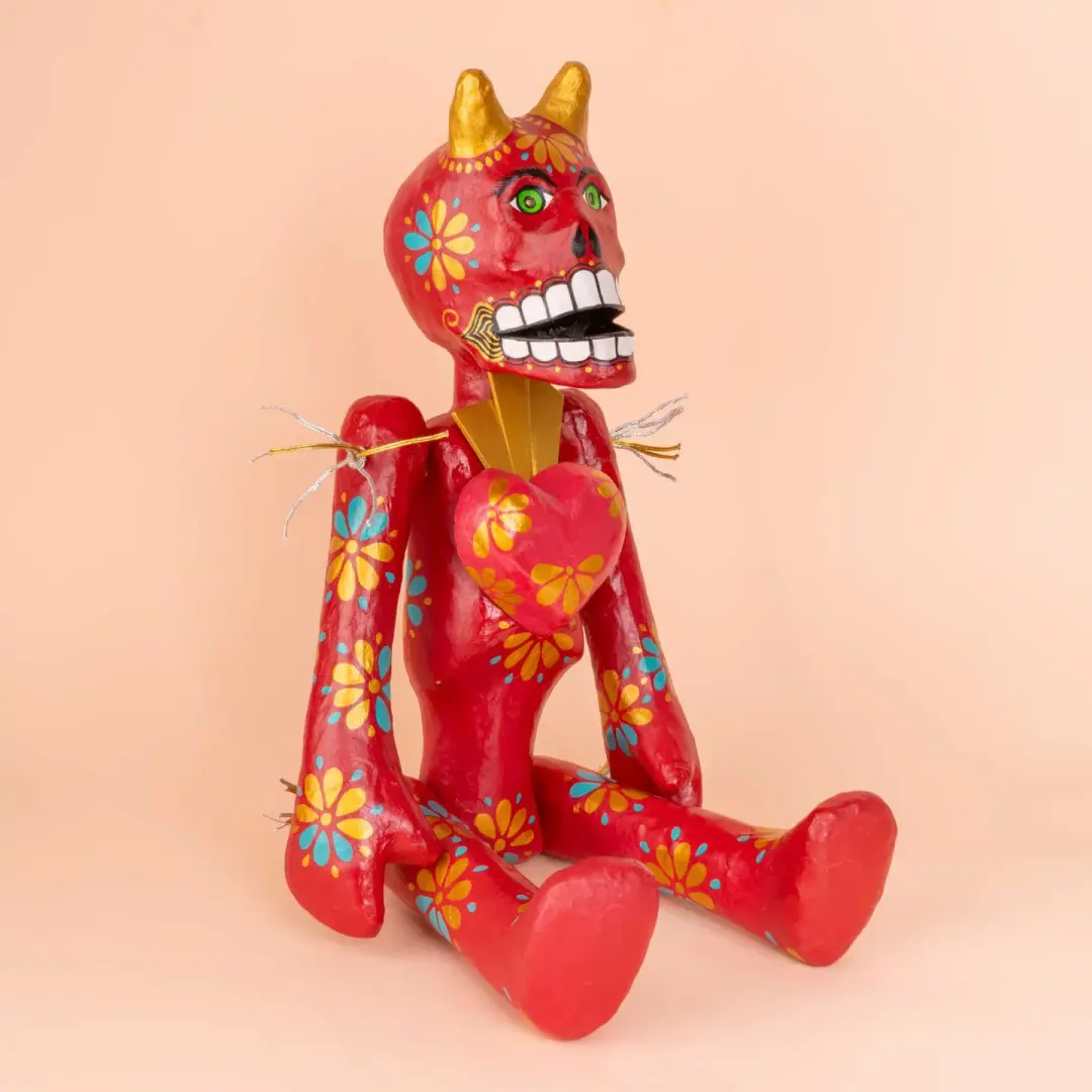 Papier-Mâché El Diablo with A Heart Sculpture