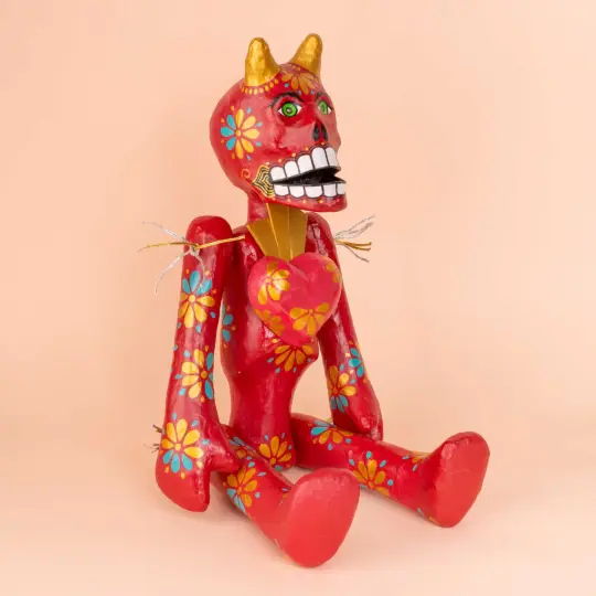 Papier-Mâché El Diablo with A Heart Sculpture