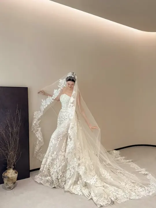 White strapless lace waist slim sexy fishtail long dress bridal gown R6028