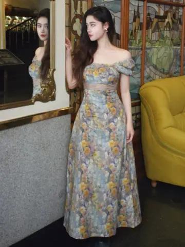 Retro Sliver Floral A-Line Off-the-shoulder Corset Maxi Evening Dress Prom Dress RS557