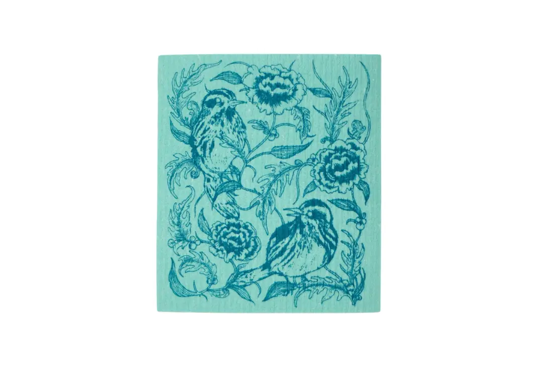 Mint Bird and Floral Swedish Dishcloth
