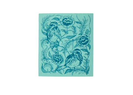Mint Bird and Floral Swedish Dishcloth