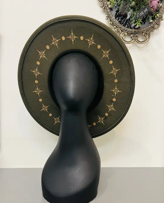 Olive Gold Starburst Vegan Felt XL Wide Brim Hat