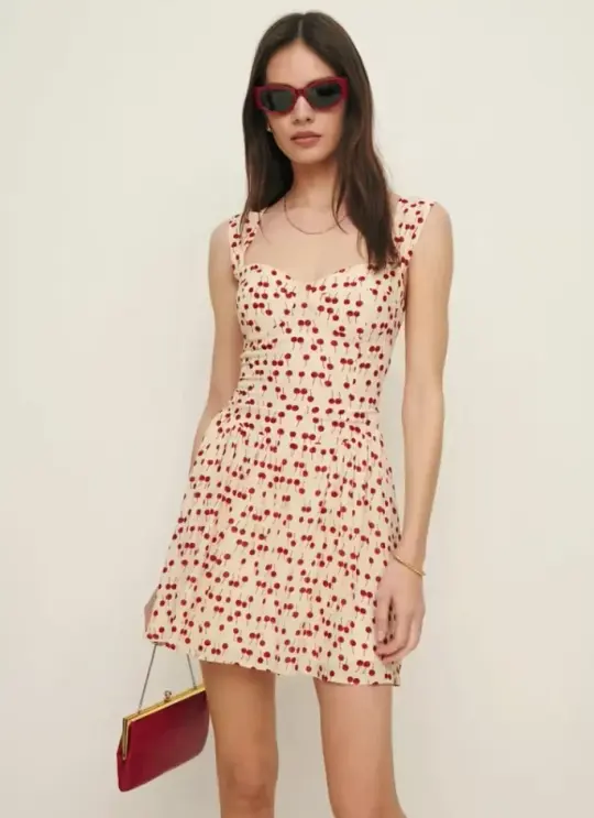 Dress French style cherry print square neck open back slim fit suspender dress short style R2913