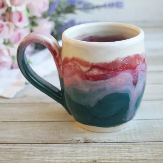 Colorful 14 Ounce Coffee Cup, Handmade Pottery Mug, Made in USA