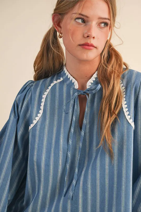 STRIPED PUFF SLEEVE TOP WITH BLANKET STITCH MTP4125