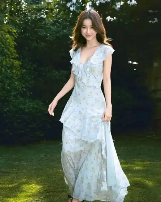 White apricot floral chiffon waist maxi dress for homecoming R3439