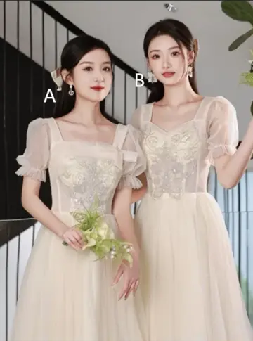 Apricot short-sleeved square neck waist slim A-line maxi bridesmaid dress R6112