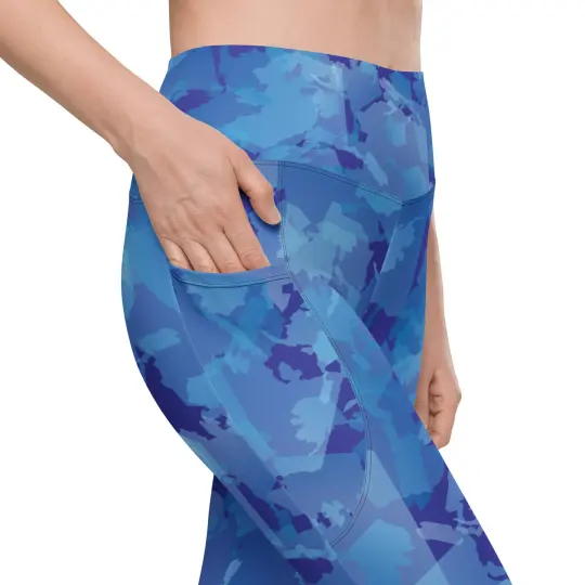 Pocketed, High Waist AK Pattern Leggings - Sky Blue