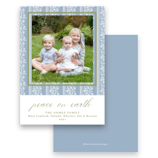 Blue Botanical Floral with Green Border "Peace on Earth" Portrait Holiday Card