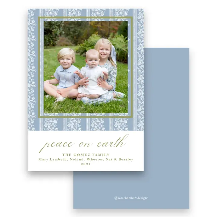 Blue Botanical Floral with Green Border "Peace on Earth" Portrait Holiday Card