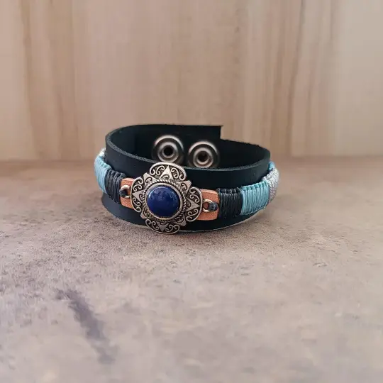 OOAK Lapis Lazuli Star Statement Cuff | Asymmetrical Hand-Cast Leather Bracelet