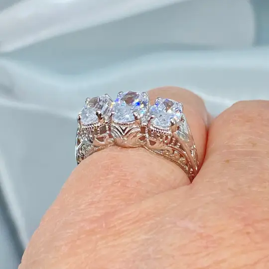 White CZ Ring, Size 8 Ring, 3 Gem Retro White Gold plated Jewelry #D41 - Ready to Ship