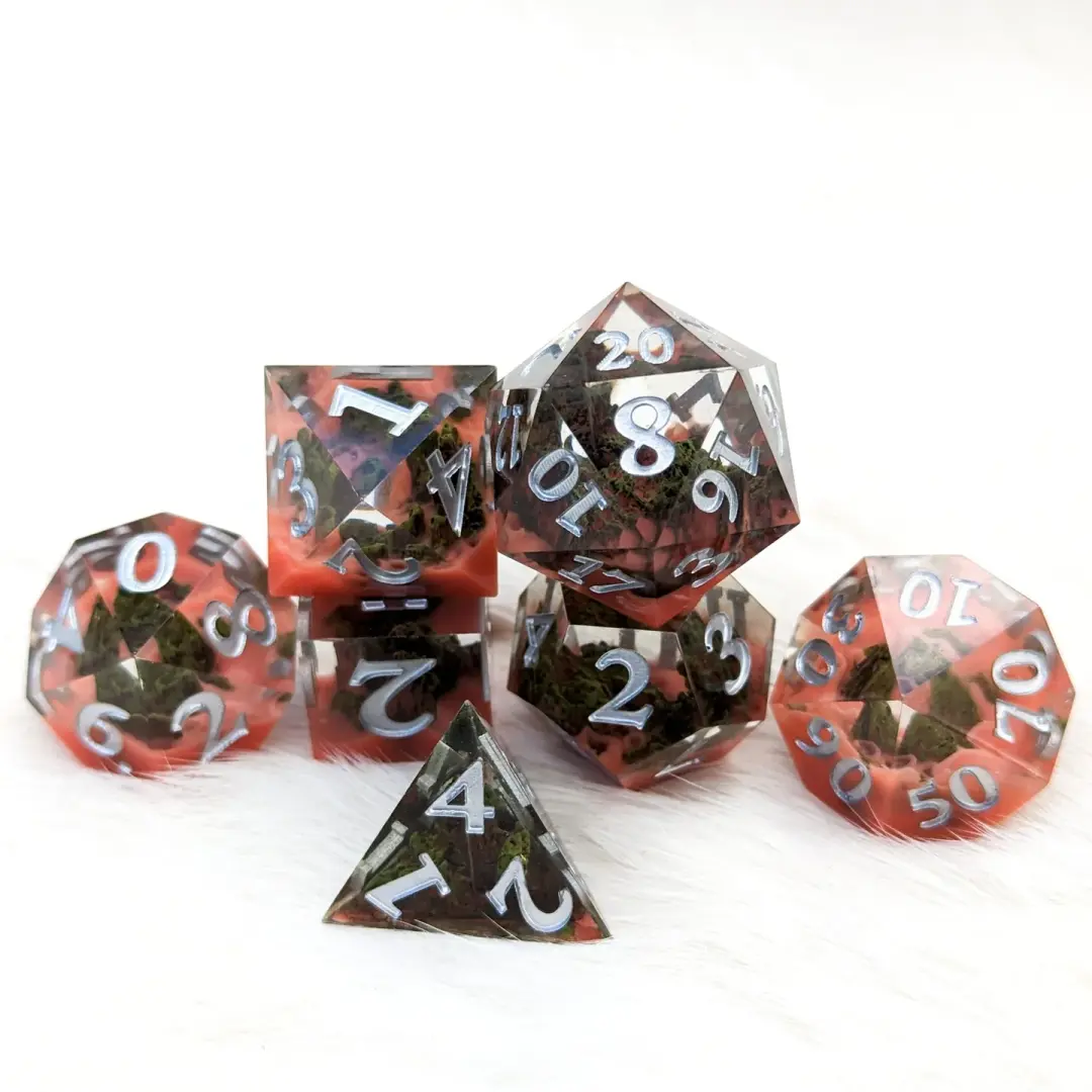 Blood Mountain Sharp Edge Dice Set – 7-Piece Red Mist Forest DnD Dice