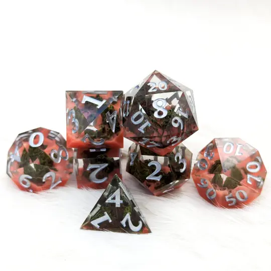 Blood Mountain Sharp Edge Dice Set – 7-Piece Red Mist Forest DnD Dice