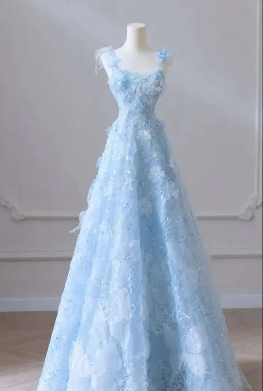 Charming Blue Prom Gown , 3D Floral Romantic Corset Maxi Birthday Dress RS1422