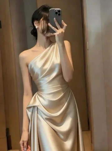 Silky Satin Bodycon Prom Gown , Sparkly Ivory Maxi Evening Dress Ball Gown RS1922