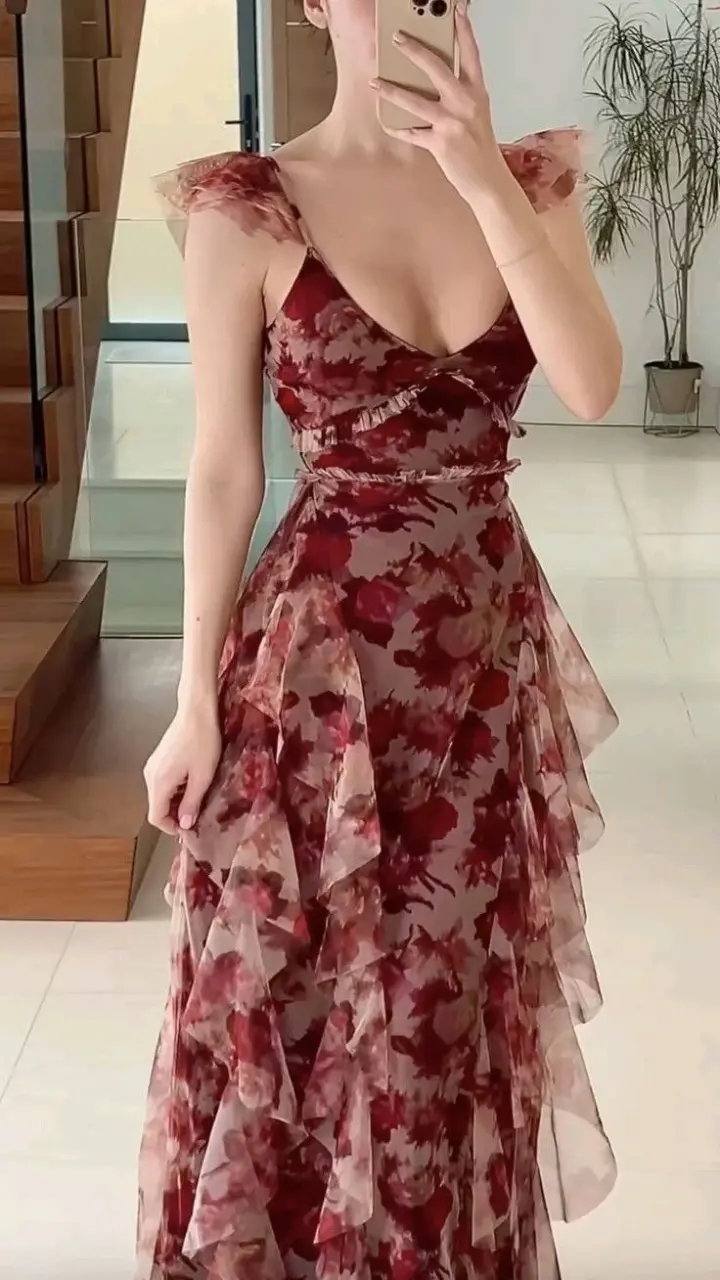 Retro red floral chiffon waist slim long skirt homecoming dress R3438