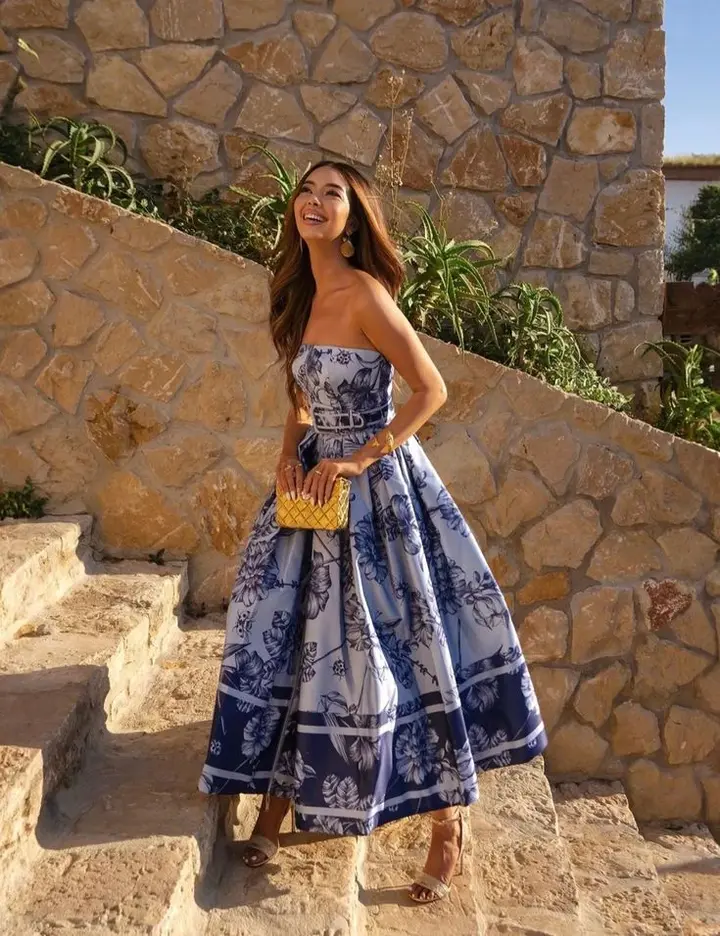 Navy blue retro pattern tube top waist slim long skirt homecoming dress R3479