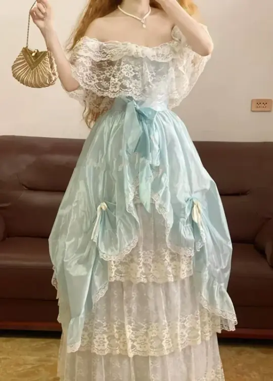Light Blue Off-the-Shoulder Lace-Trimmed Waist-Cinched Bud Skirt Ball Gown, Bridal Gown R7341