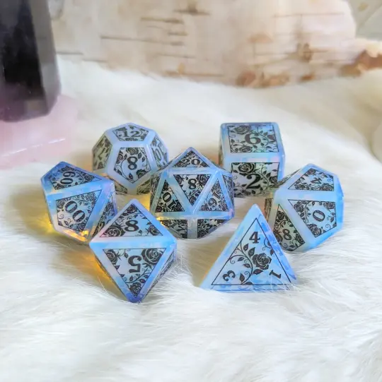 Opalite Rose Dice Set – Engraved Gemstone DnD Dice with Black Font | Fennek & Finch